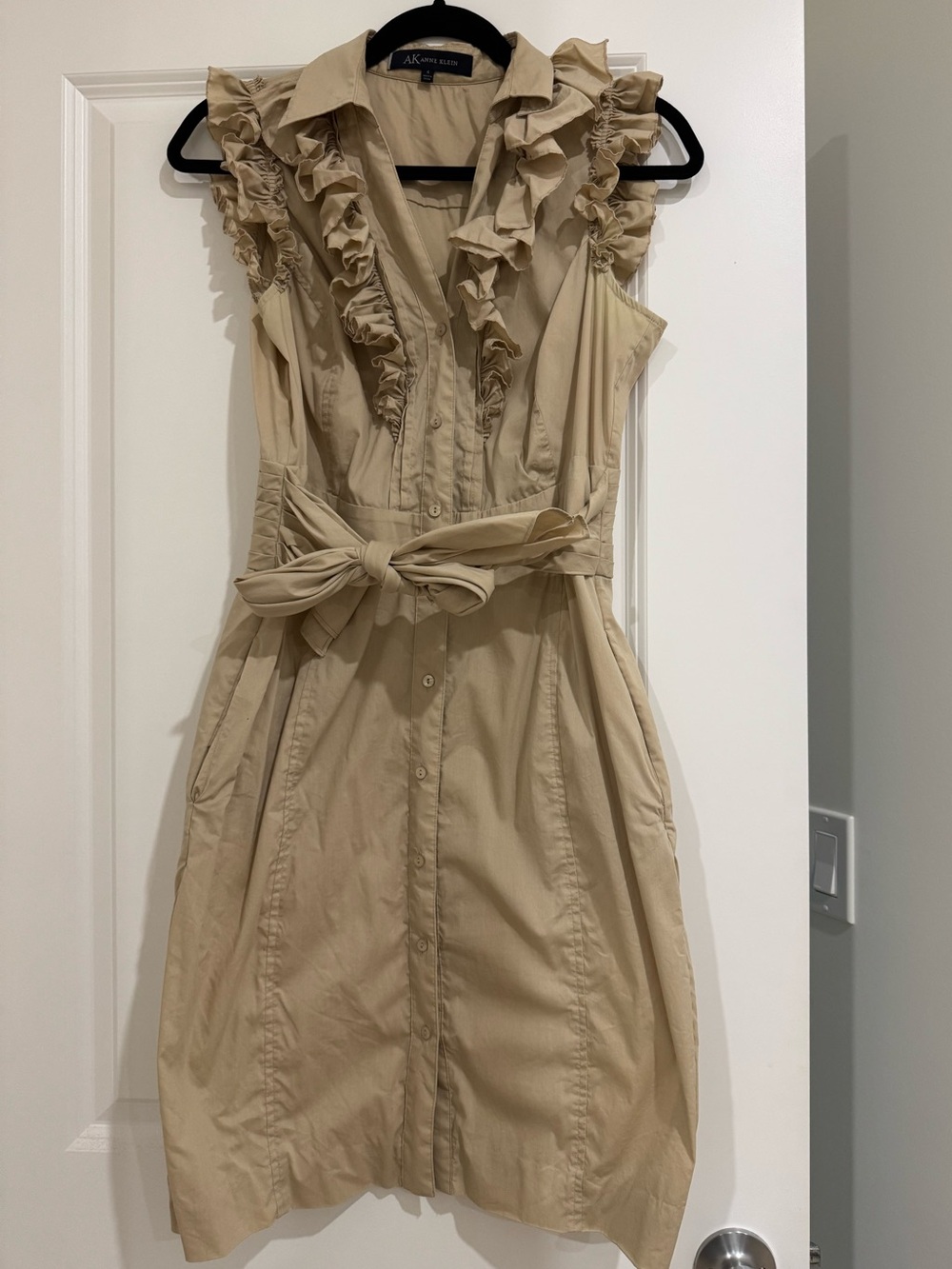 Anne Klein Ruffle-Trim Tan Dress with Tie Waist